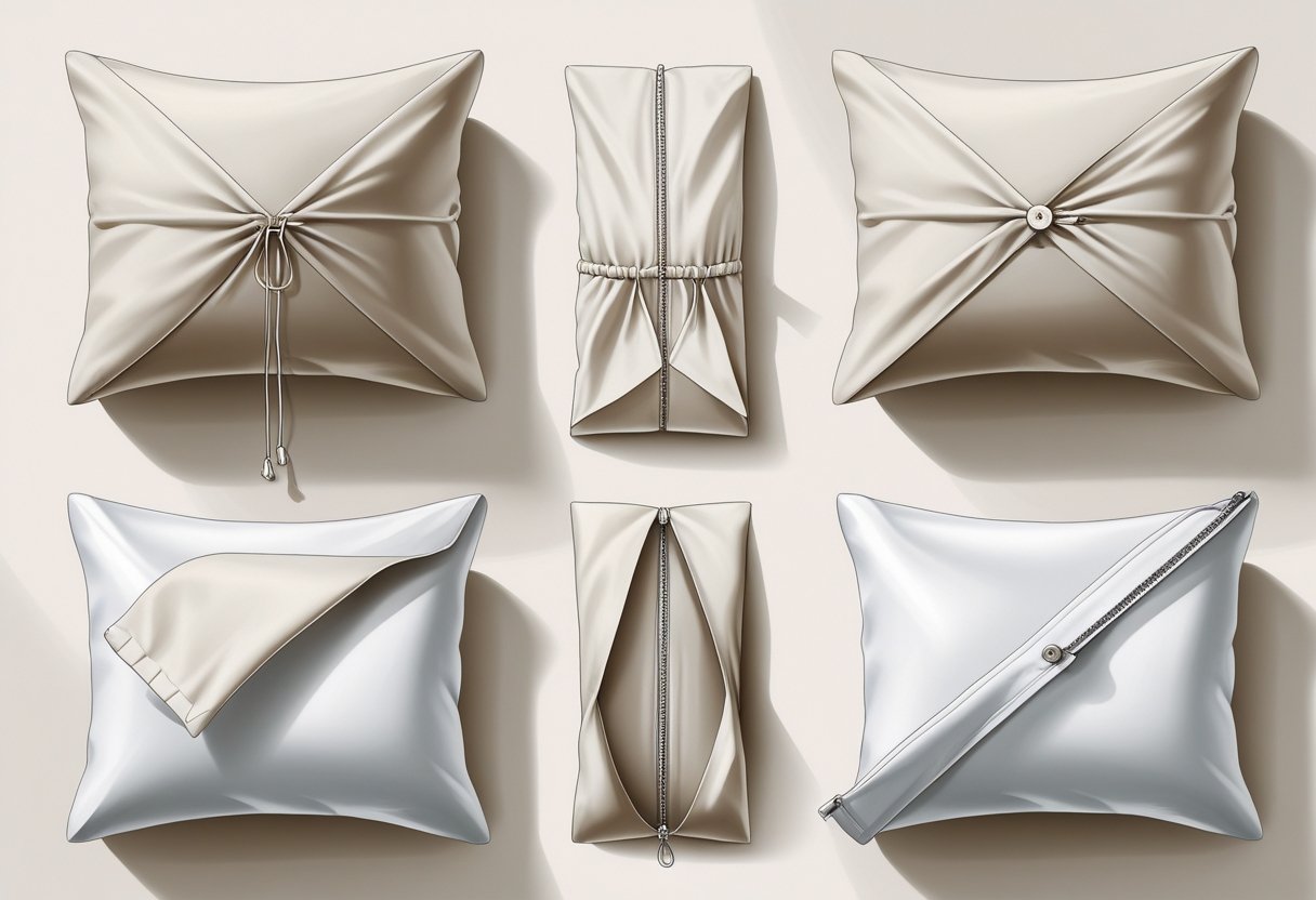Multiple pillowcases arranged to show different closure types including drawstring, envelope, button, zipper, and snap closures.