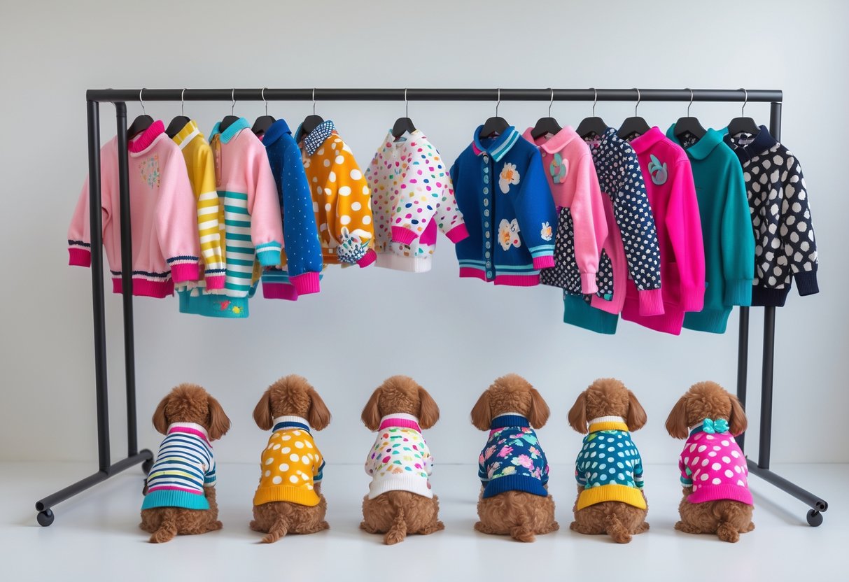 Several small dog outfits with colorful patterns displayed on mannequins and a clothing rack against a white background.
