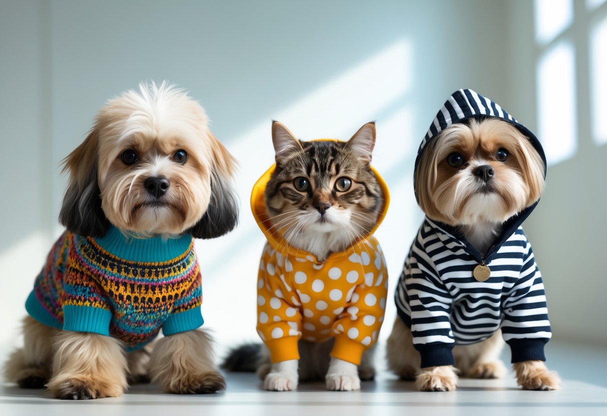 A dog and a cat wearing colorful and patterned pet clothes posed indoors.
