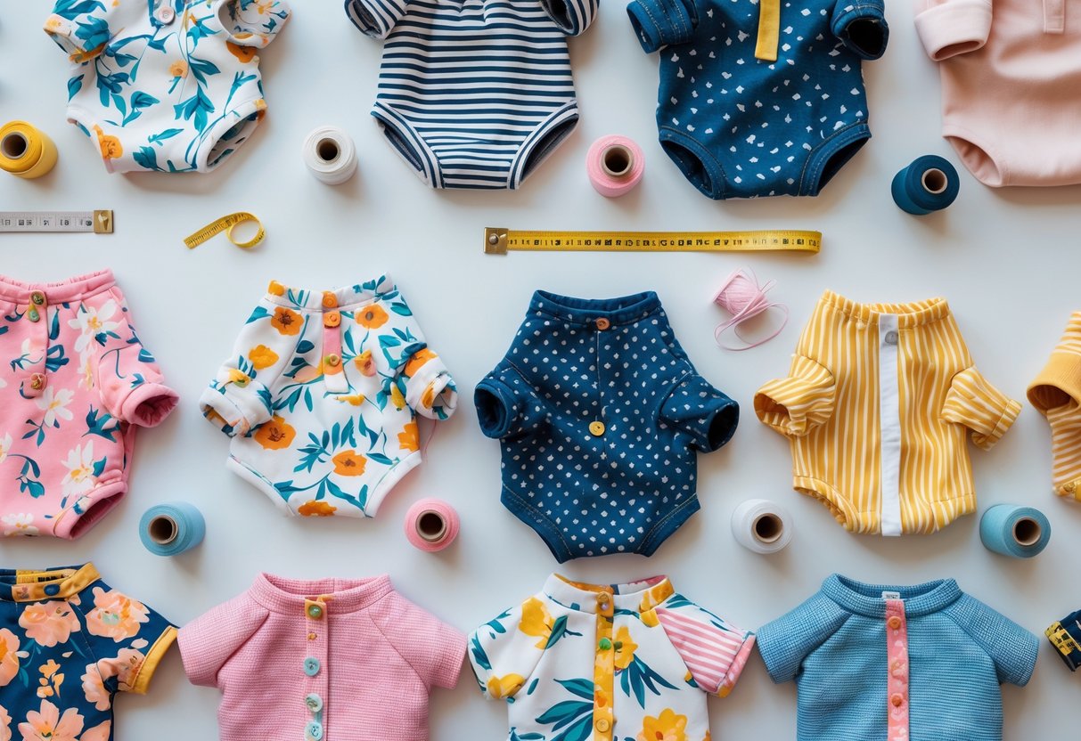 A variety of colorful pet clothes with different patterns arranged alongside sewing tools on a bright surface.