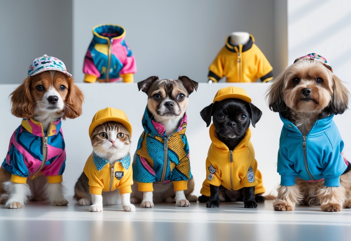 Several pets wearing colorful and stylish outfits displayed alongside pet clothes on mannequins in a bright, clean setting.