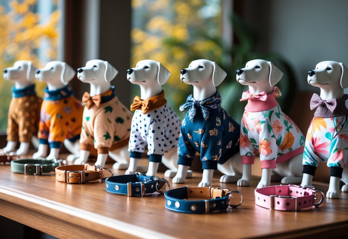 A display of various colorful pet clothes with seasonal patterns arranged on dog mannequins and collars on a wooden table.