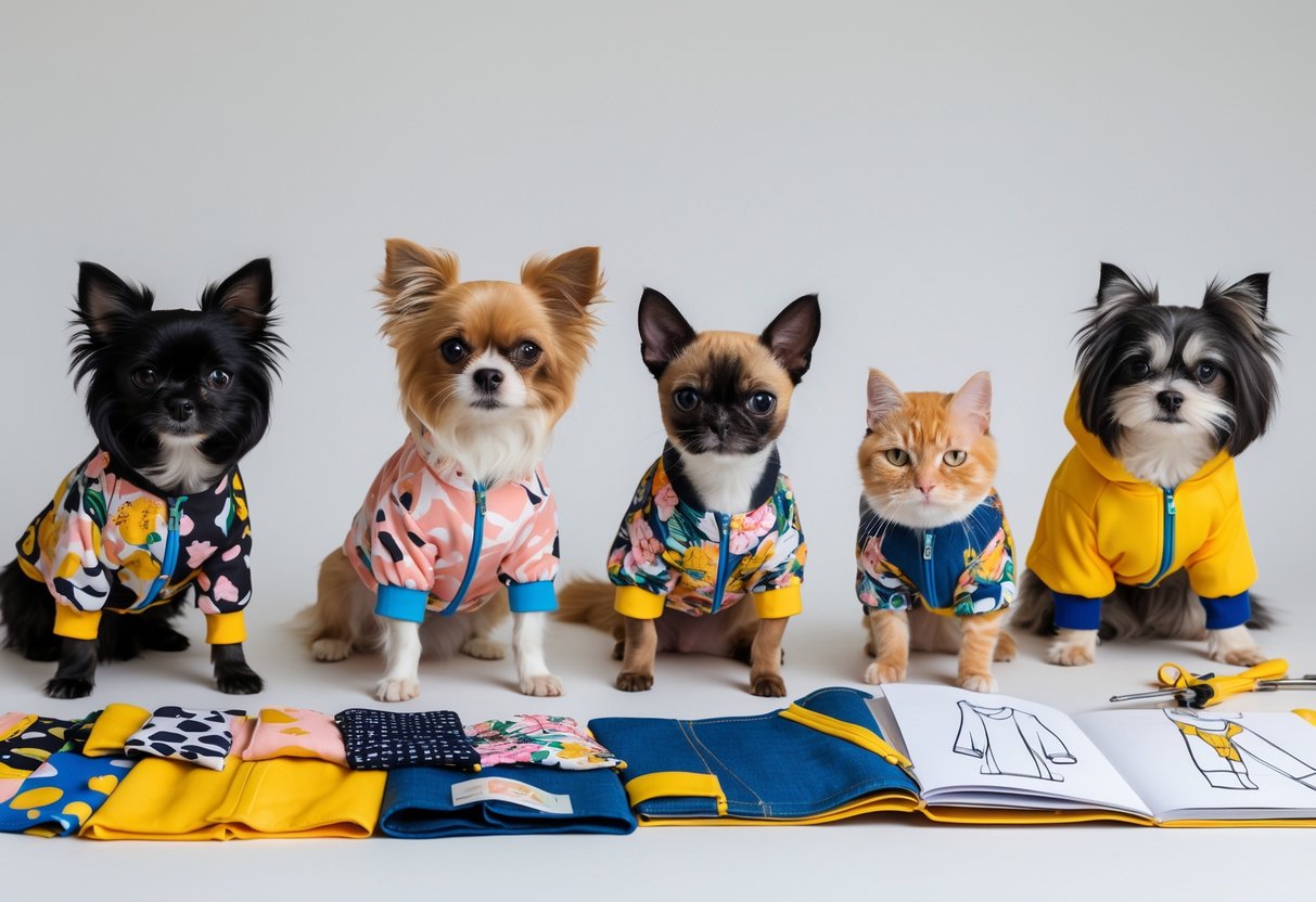Several small dogs and cats wearing colorful, patterned pet clothes posed with fabric swatches and sewing tools on a neutral background.