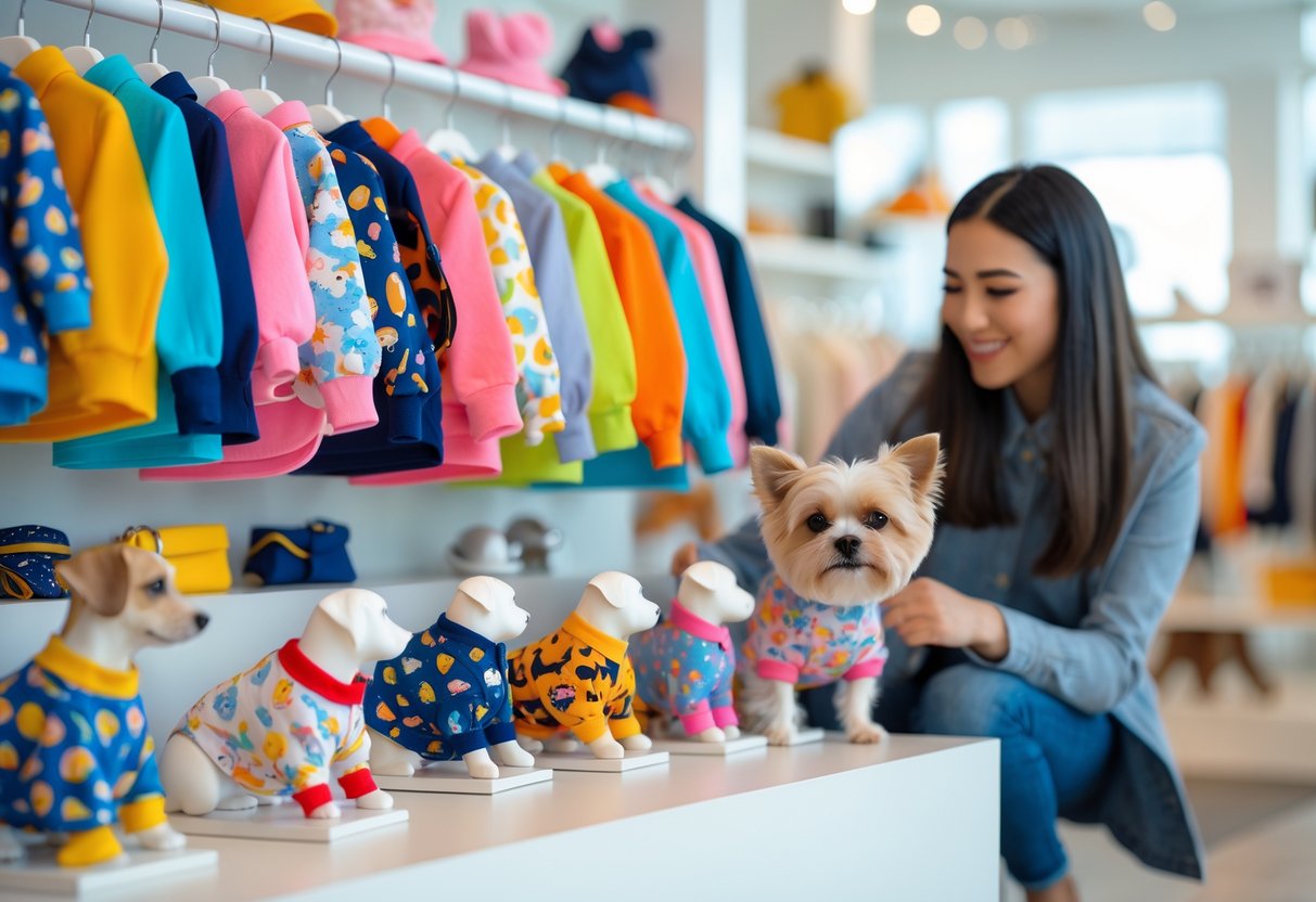 A pet boutique with various colorful pet clothes displayed and a person browsing with a small dog wearing a stylish outfit.