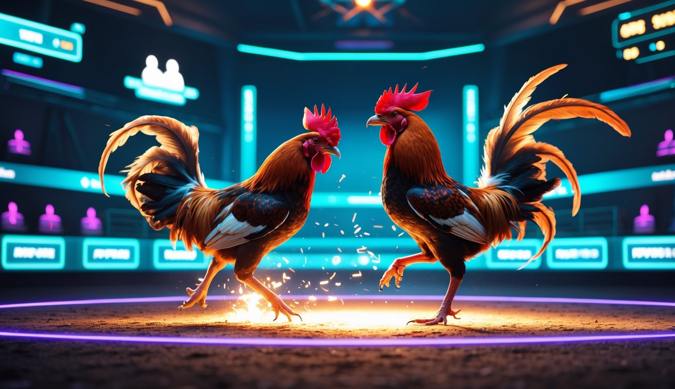 Dua ayam jago sedang bertarung di arena digital dengan latar belakang antarmuka permainan modern dan elemen holografik.