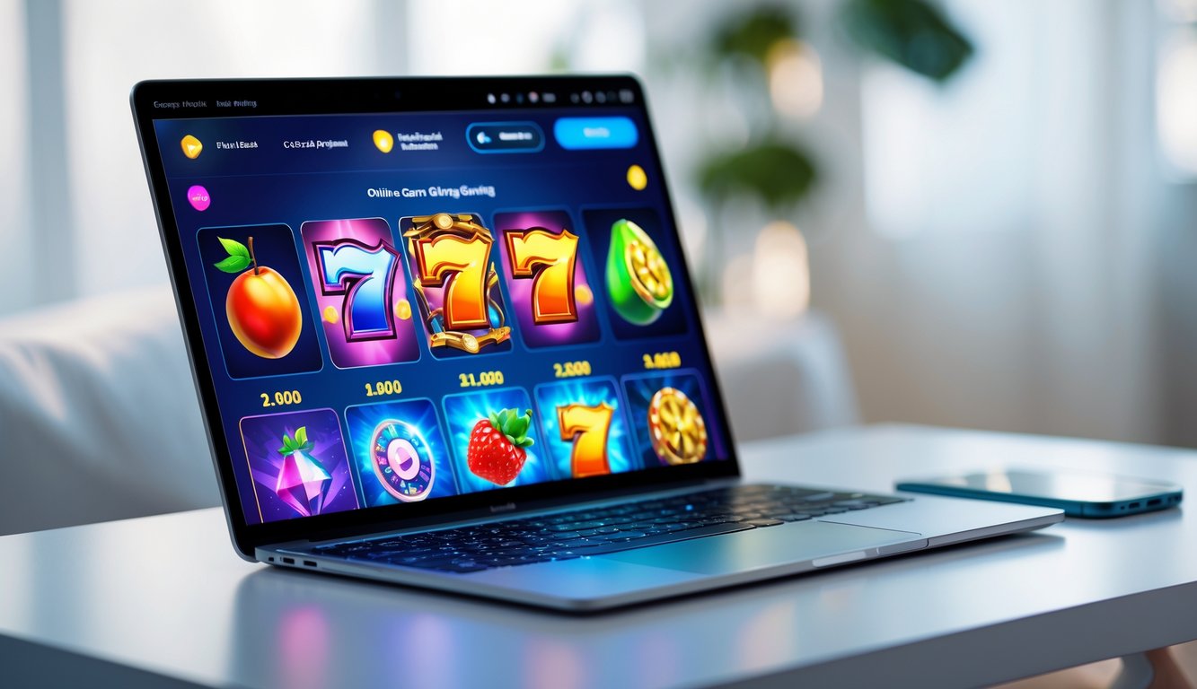 Layar laptop dan ponsel menampilkan platform permainan slot online dengan berbagai tema warna-warni di atas meja minimalis.