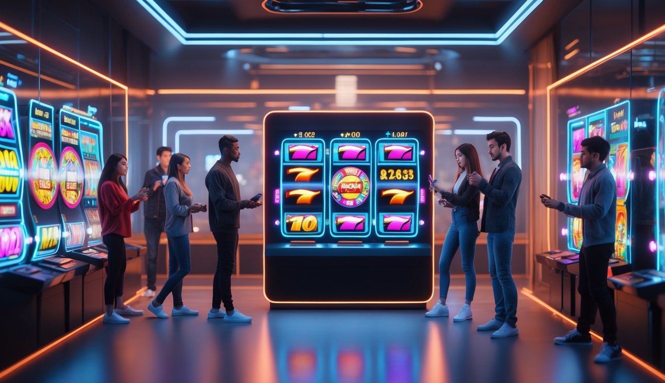 Beberapa orang muda sedang menikmati permainan slot online dengan layar digital berwarna-warni di ruangan berteknologi tinggi.