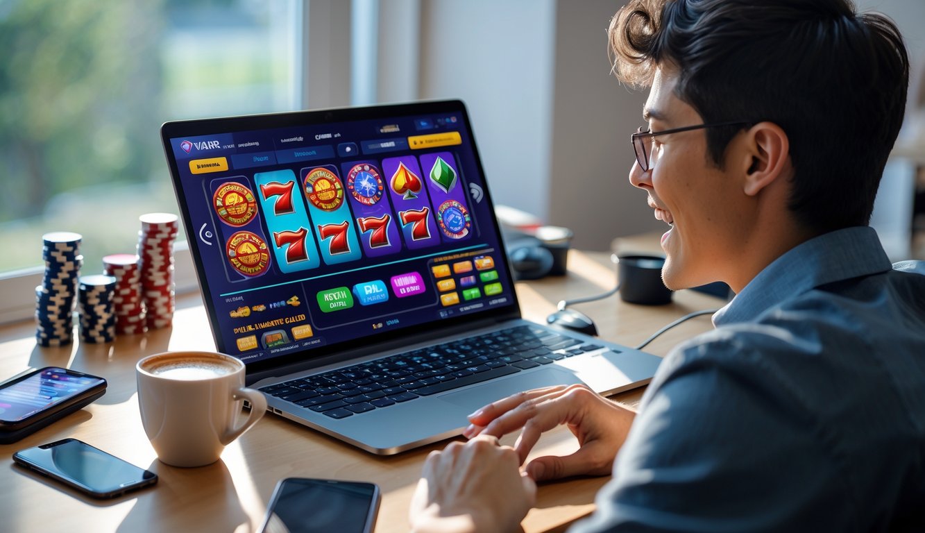 Seseorang sedang menggunakan laptop di meja kerja dengan permainan slot online di layar, dikelilingi oleh chip poker dan kartu remi.