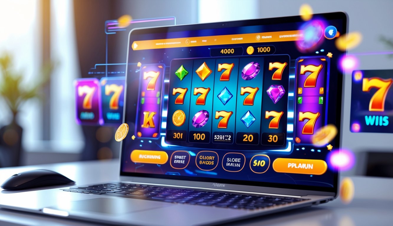 Sebuah komputer modern menampilkan permainan slot online dengan simbol warna-warni di layar, dikelilingi oleh suasana terang dan menarik.