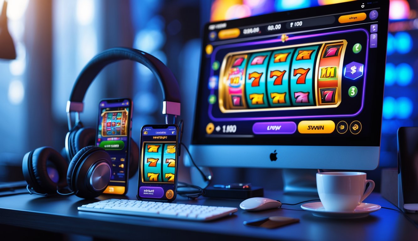 Seorang pria duduk di depan komputer dengan layar menampilkan permainan slot online, dikelilingi oleh headphone, ponsel, dan secangkir kopi.