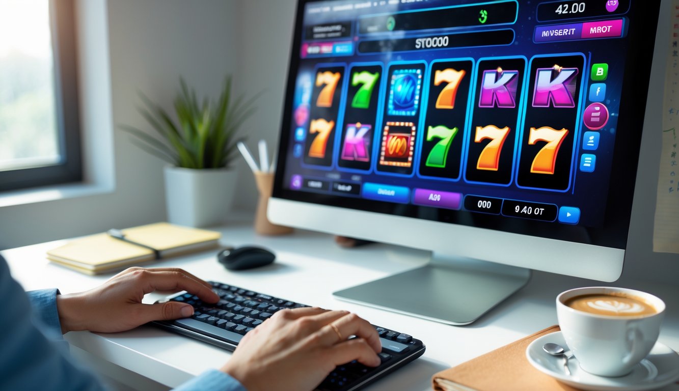 Meja kerja dengan komputer menampilkan permainan slot online, tangan seseorang menggunakan mouse dan keyboard, serta catatan dan secangkir kopi di sampingnya.