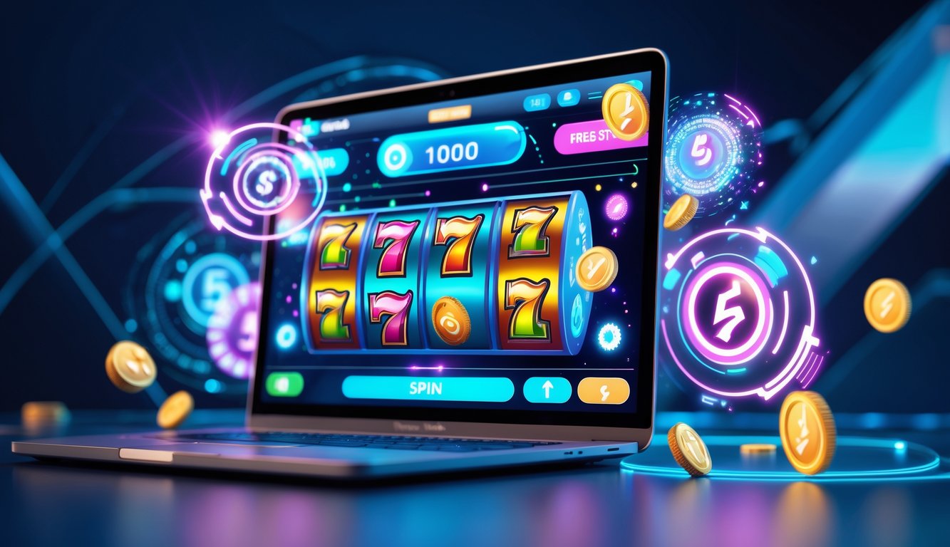 Seseorang sedang bermain permainan slot online dengan layar komputer menampilkan simbol bonus dan putaran gratis.