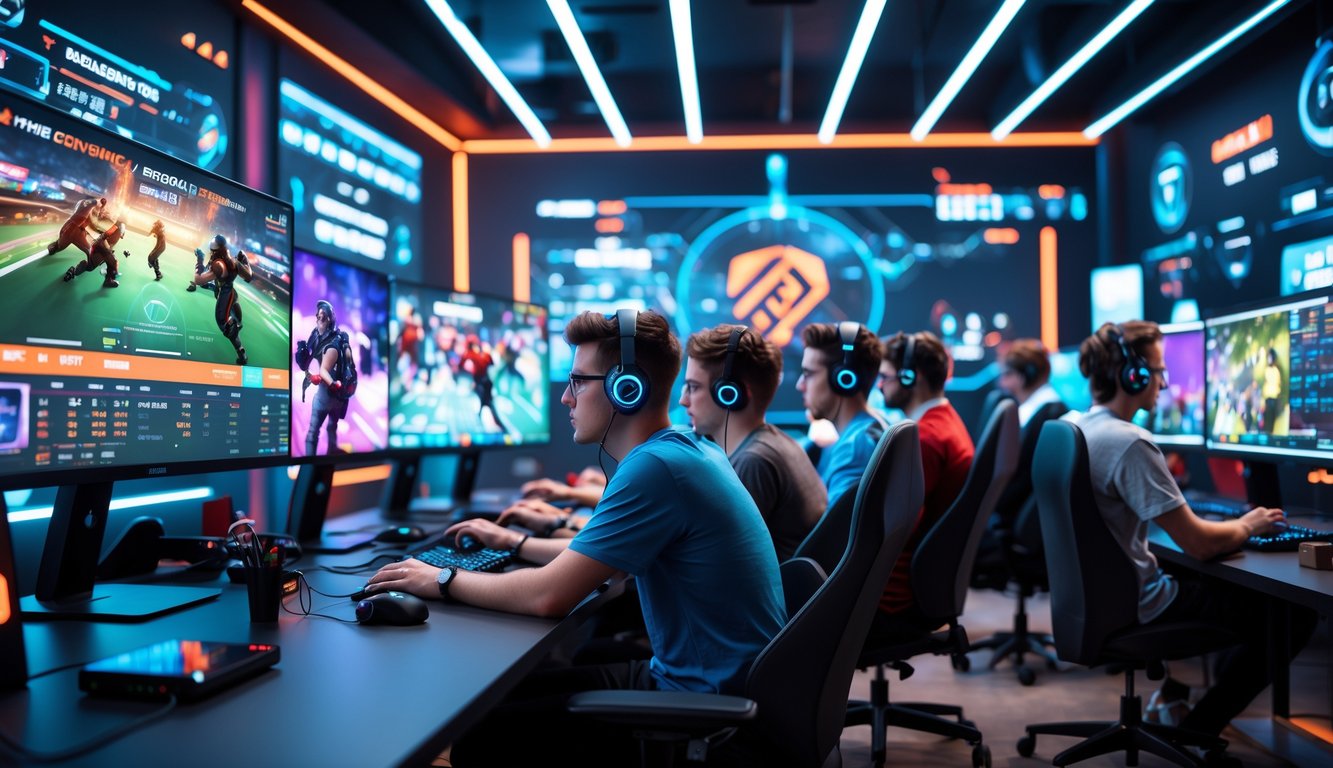 Sekelompok orang muda sedang bermain dan bertaruh pada pertandingan esports di ruangan gaming modern dengan monitor dan peralatan teknologi tinggi.