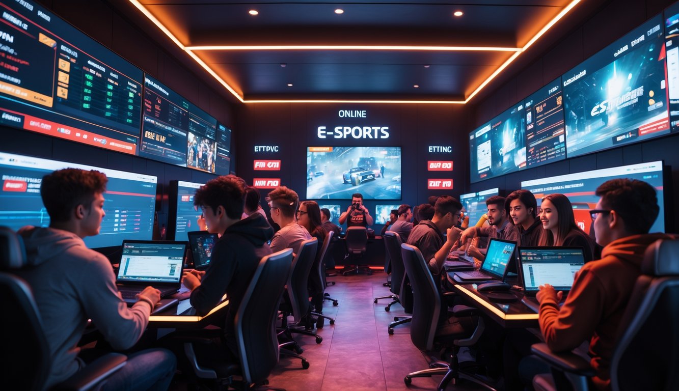 Sekelompok orang muda sedang menonton pertandingan e-sports secara langsung dan memasang taruhan secara online di ruang gaming modern.