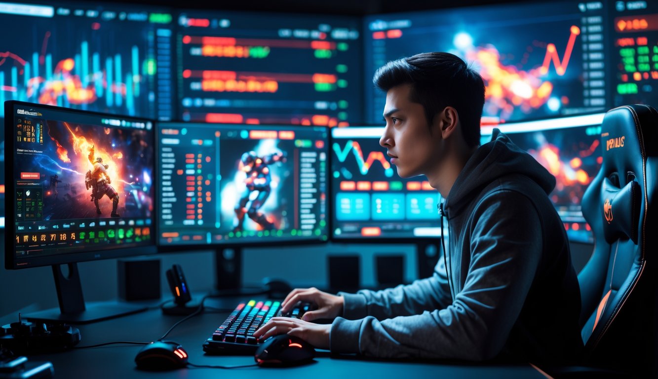 Seorang pria muda sedang fokus menganalisis data dan menonton permainan E-Sports di depan beberapa monitor komputer.