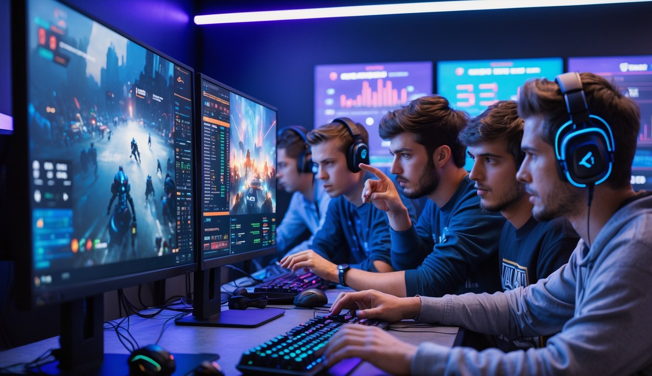 Beberapa orang muda sedang fokus menggunakan komputer dengan tampilan permainan e-sports dan analisis taruhan online di ruangan gaming modern.