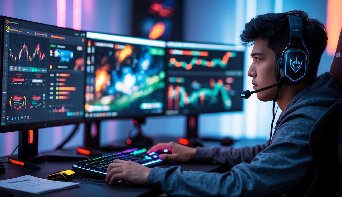 Seorang pemuda fokus bermain e-sports online di depan komputer dengan beberapa layar dan perangkat gaming di meja.