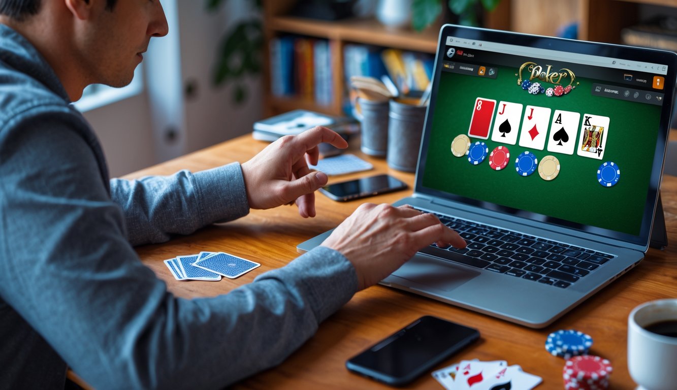 Seorang dewasa muda duduk di meja kerja dengan laptop yang menampilkan permainan poker online, dikelilingi oleh chip poker dan kartu bermain.