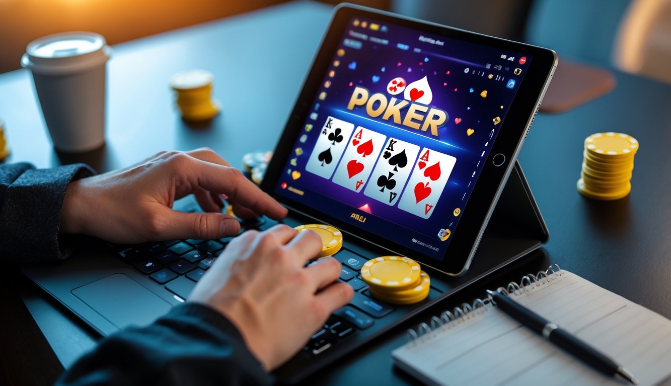 Seseorang sedang bermain poker online menggunakan tablet dengan kartu dan chip poker terlihat di layar, di meja terdapat cangkir kopi dan buku catatan.