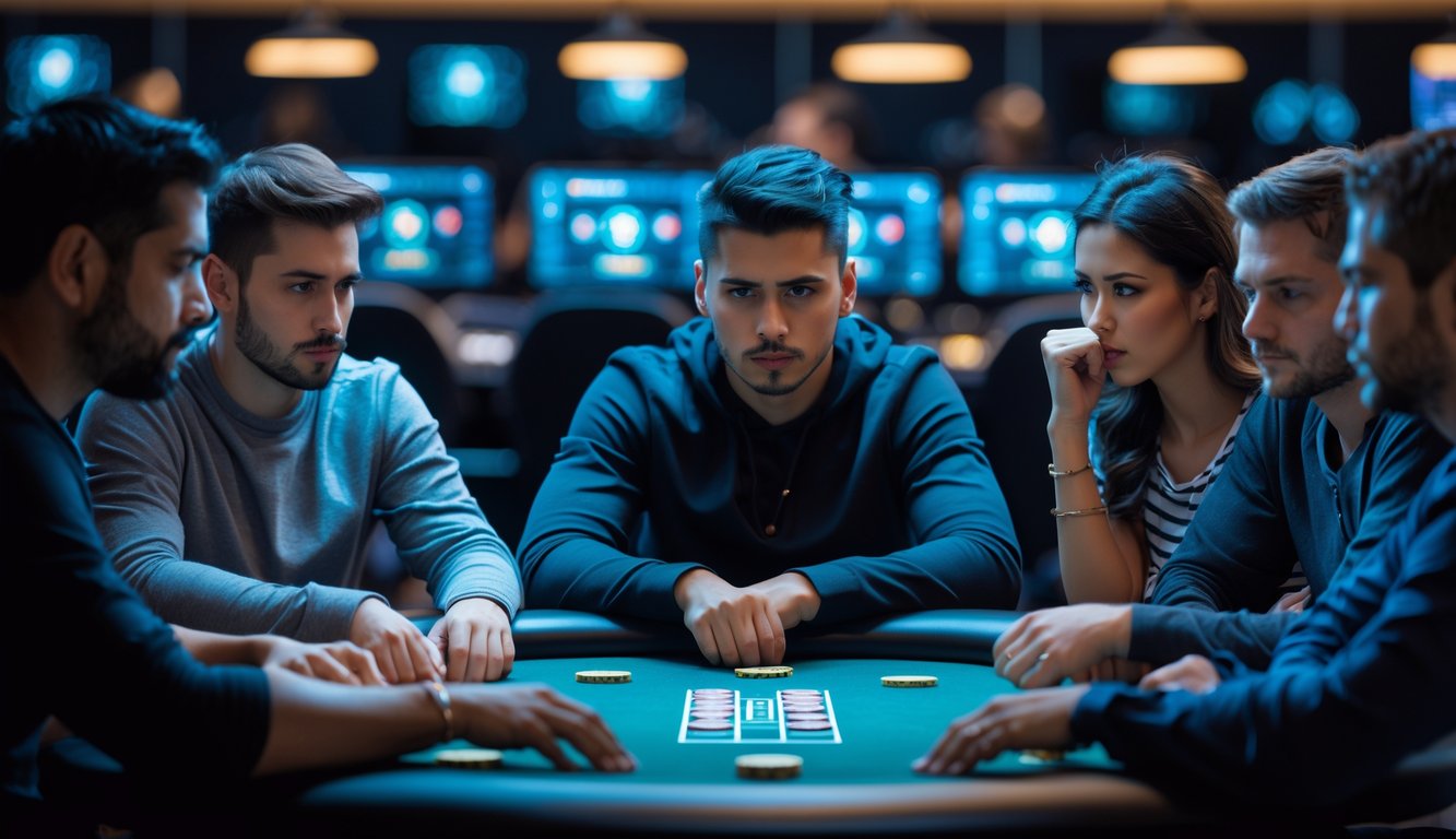 Sekelompok pemain poker online serius berkumpul di sekitar meja digital dengan ekspresi fokus dan konsentrasi tinggi.