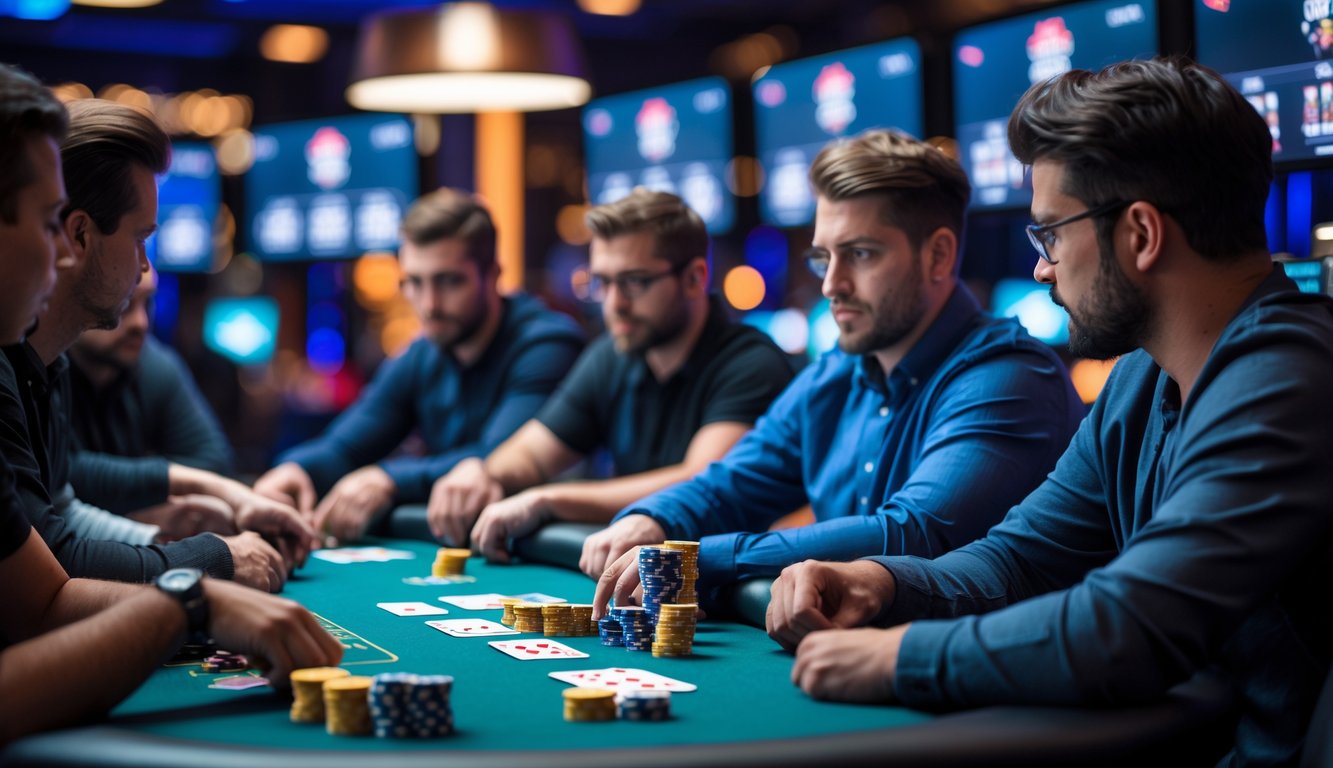 Beberapa orang bermain poker online di meja dengan kartu dan chip poker, terlihat serius dan fokus.