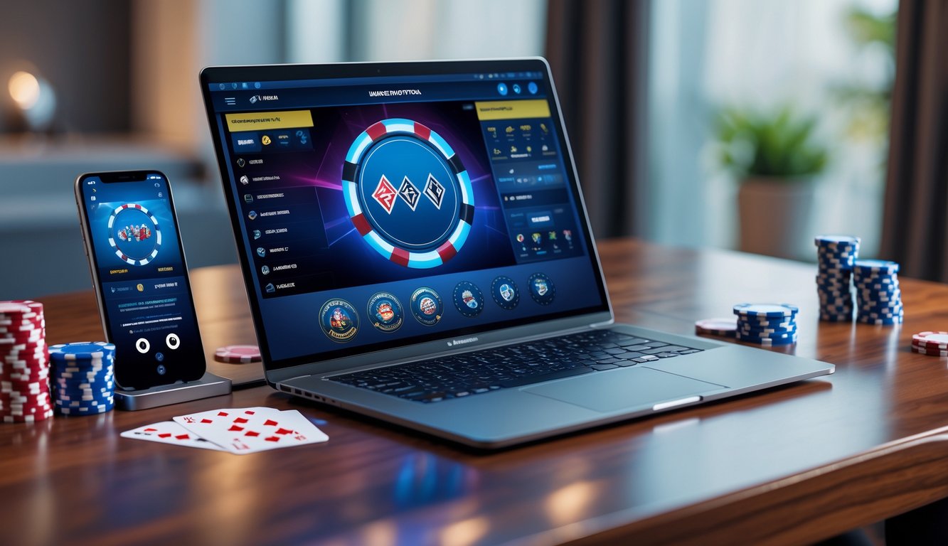 Seorang pemain poker menggunakan laptop dan smartphone di meja dengan chip dan kartu bermain, menggambarkan permainan poker online di era teknologi modern.