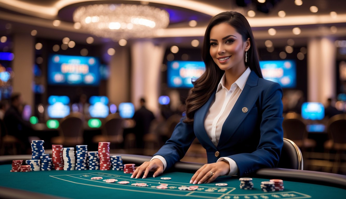 Seorang dealer profesional duduk di meja kasino dengan kartu dan chip, dikelilingi suasana kasino yang elegan dan pencahayaan lembut.