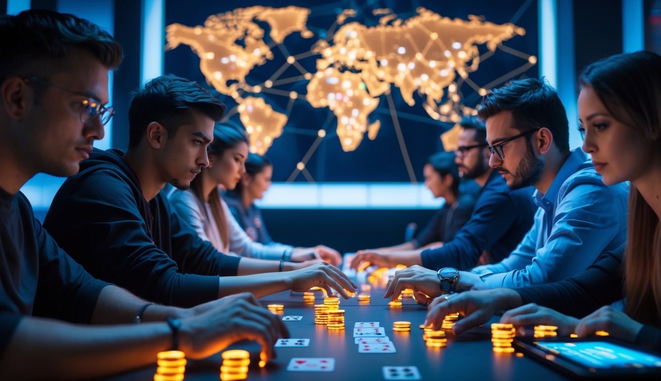 Sekelompok pemain poker yang serius menggunakan perangkat digital untuk turnamen poker online dengan peta dunia di latar belakang.