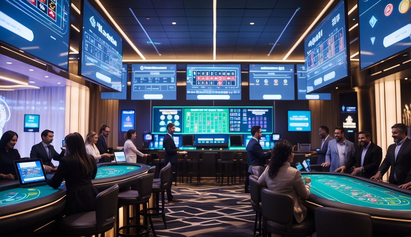 Suasana kasino modern dengan meja permainan digital dan pemain yang sedang bermain permainan meja klasik secara interaktif.