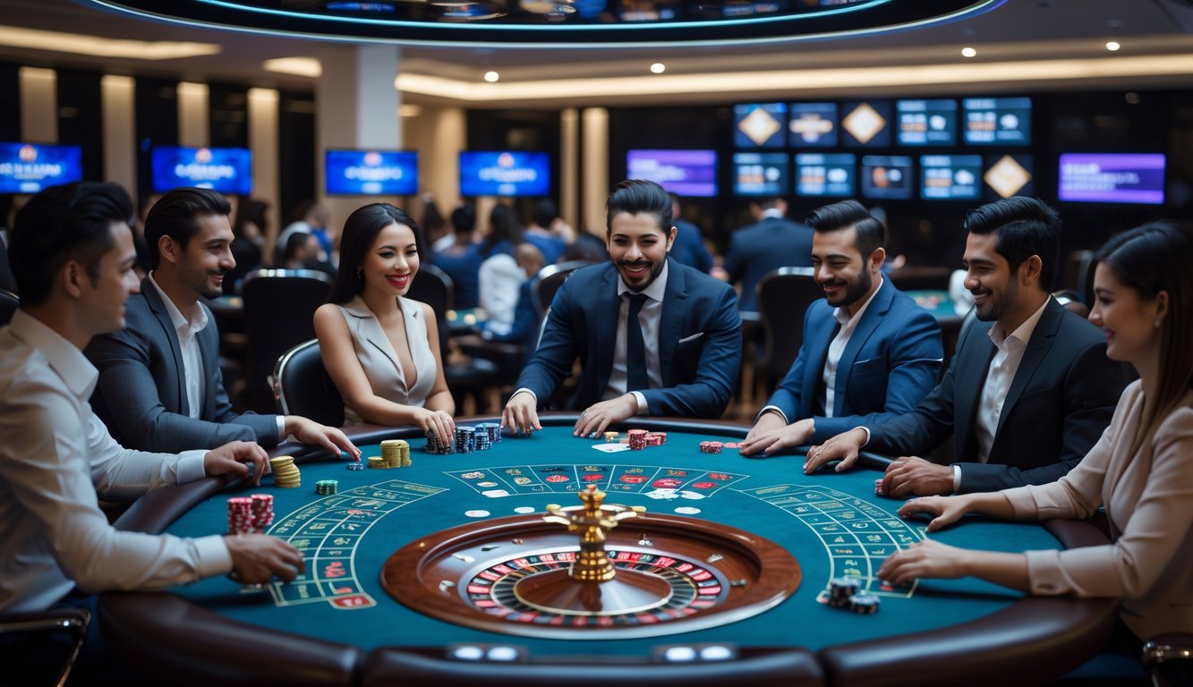 Orang-orang bermain permainan kasino langsung secara online dengan dealer dan layar video di latar belakang.