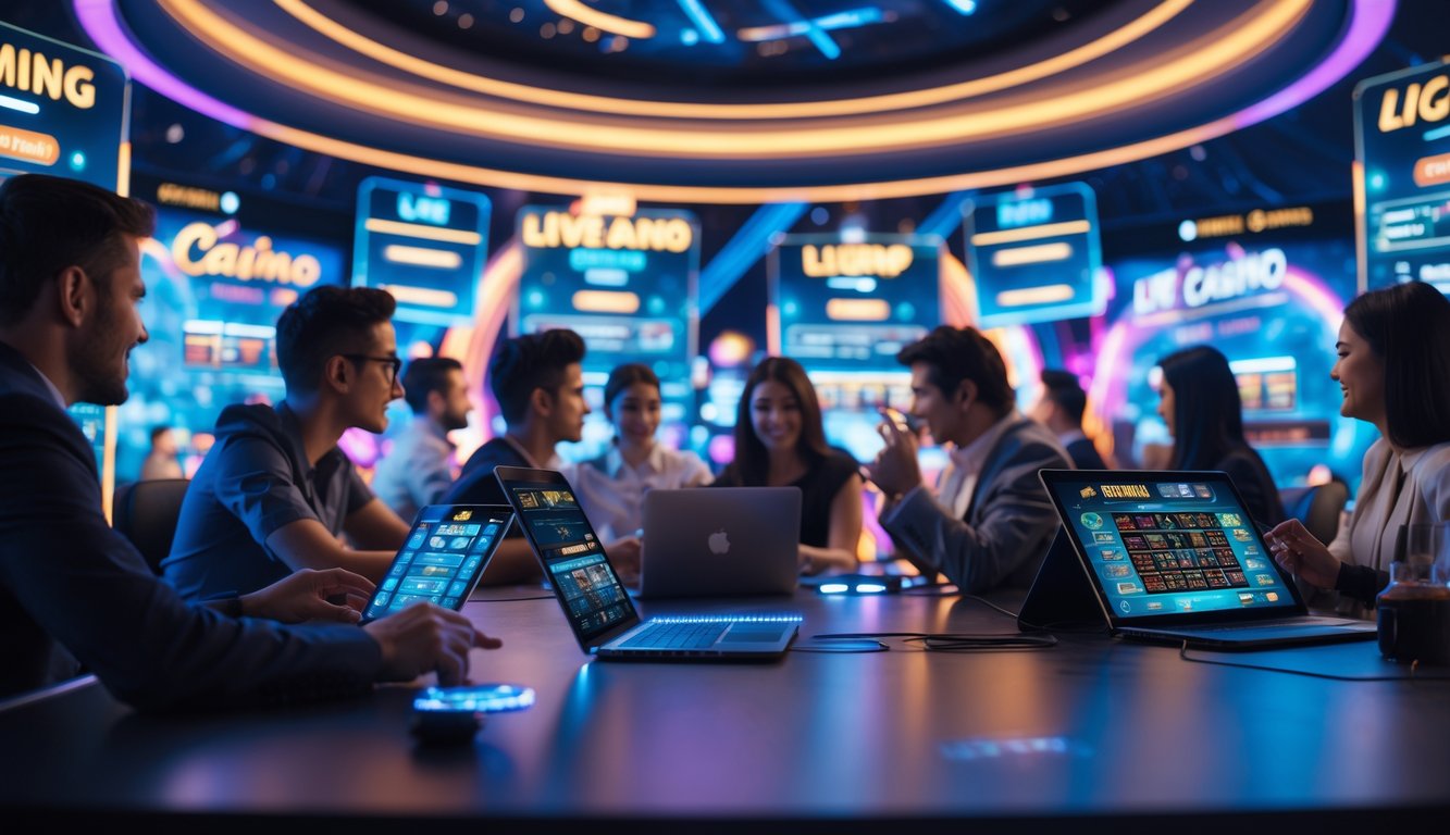 Orang-orang bermain permainan kasino langsung menggunakan perangkat digital dalam suasana interaktif dan modern.