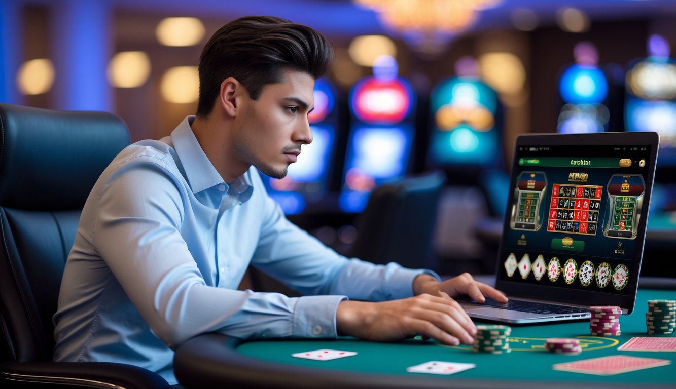 Seorang pria muda fokus bermain permainan kasino langsung di laptop di meja dengan chip poker dan kartu remi.