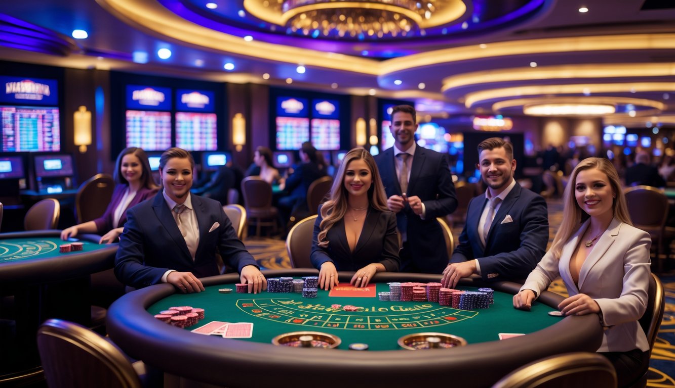 Suasana kasino modern dengan meja permainan live dealer dan pemain yang sedang bermain kartu dan roulette.