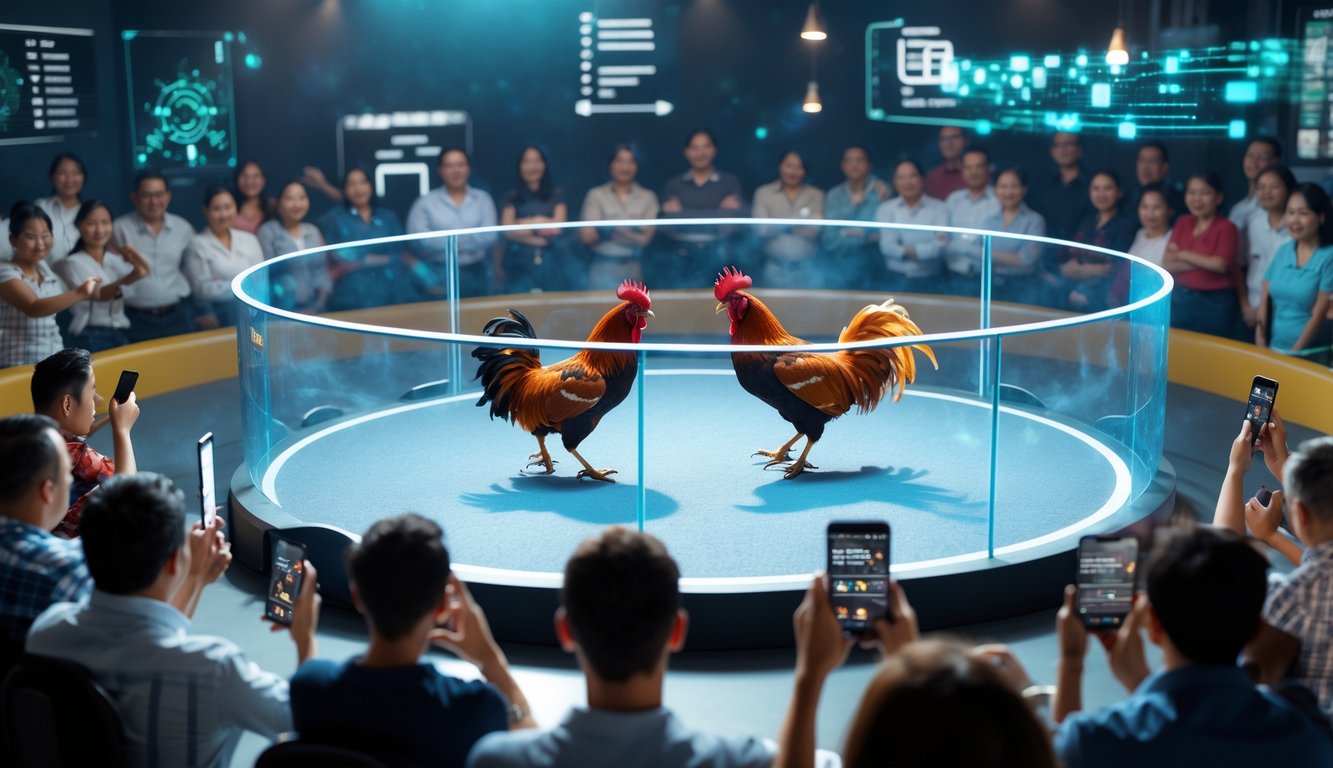 Dua ayam jantan bertarung di arena dengan penonton yang menggunakan perangkat elektronik di sekitarnya.