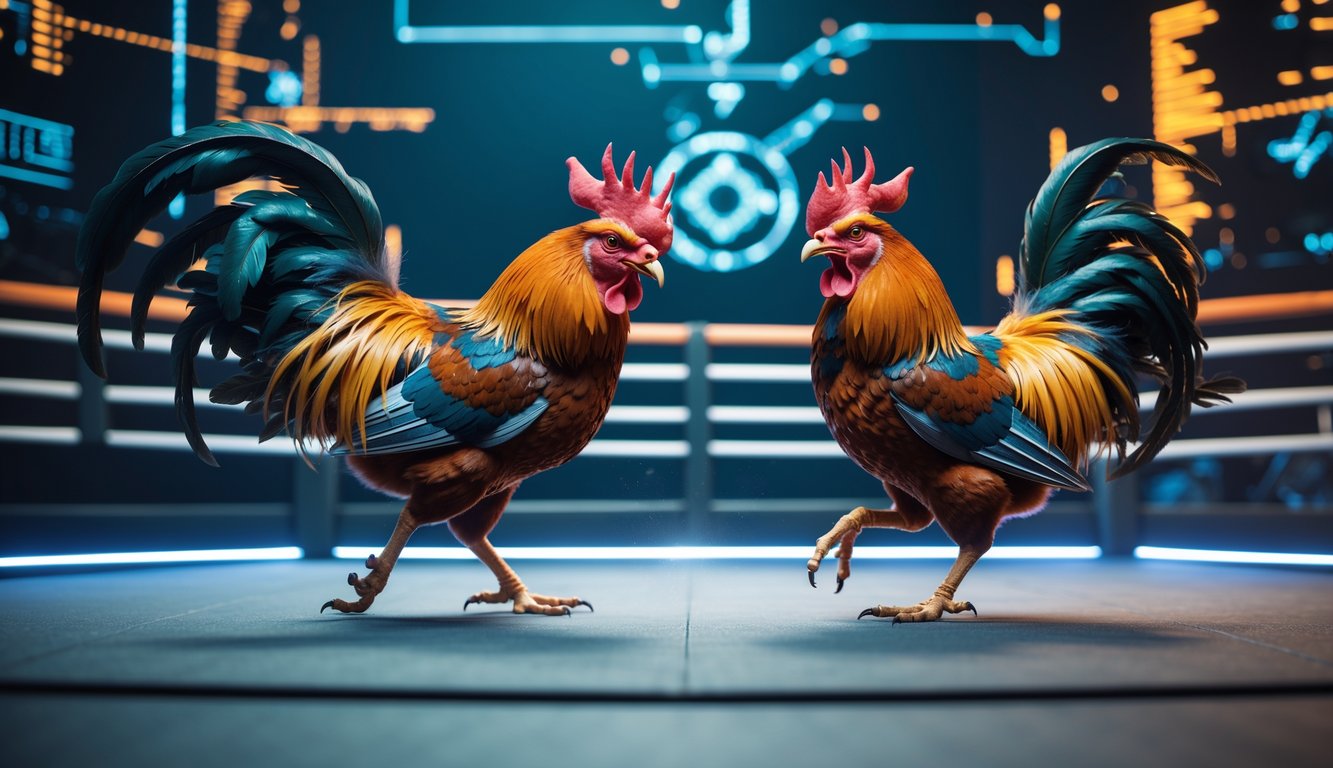 Dua ayam petarung sedang bertarung sengit di arena modern dengan latar belakang elemen digital yang menunjukkan suasana dunia online.