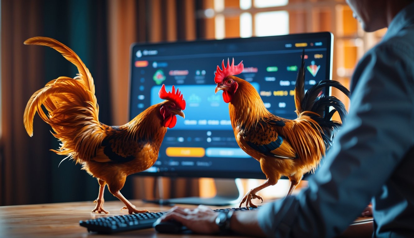 Dua ayam jago sedang bertarung dengan latar belakang layar komputer yang menampilkan pertandingan sabung ayam online, dengan seorang pemain yang fokus di depannya.
