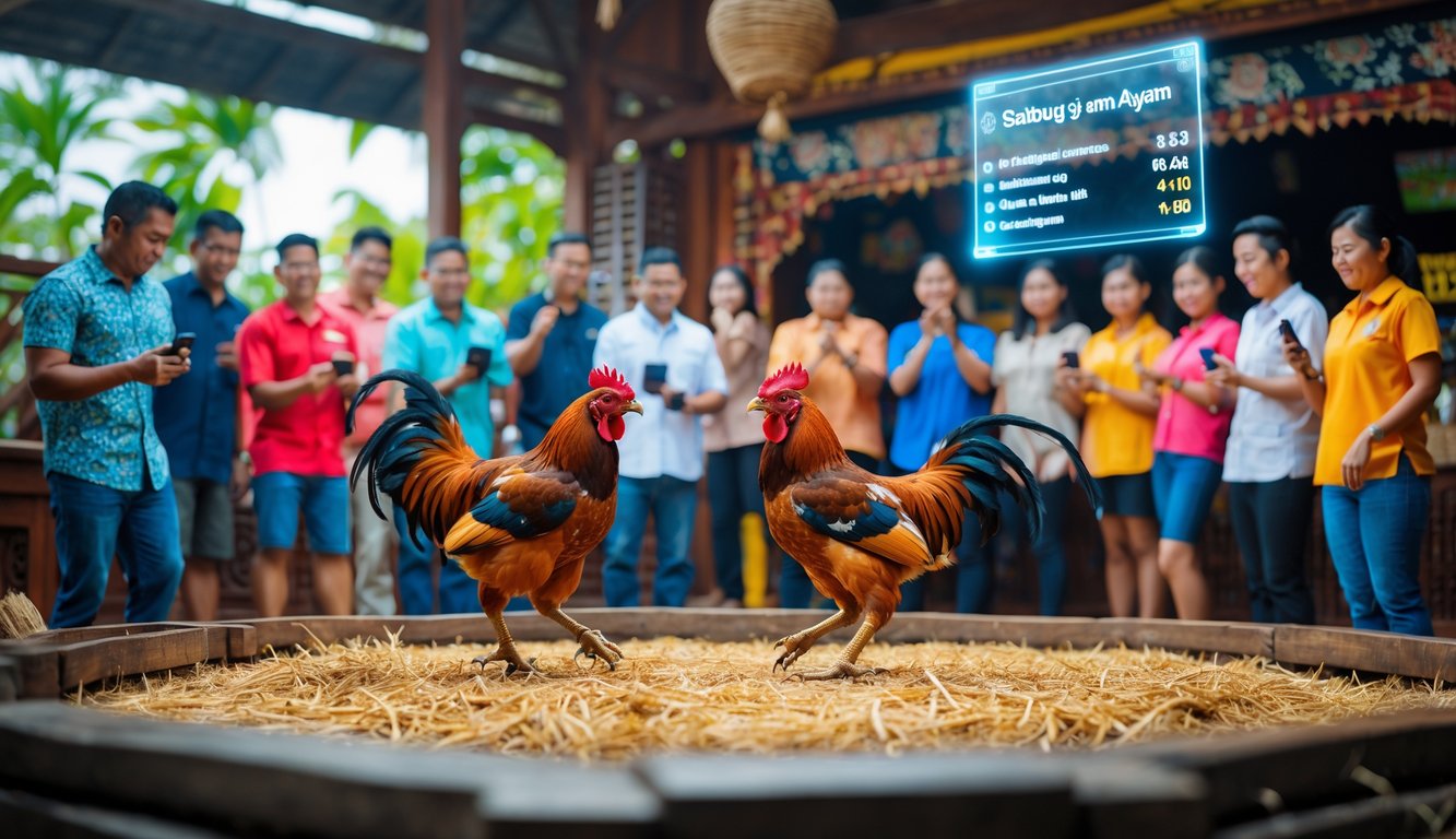 Dua ayam jantan sedang bertarung di depan sekelompok orang yang menonton dengan antusias sambil menggunakan perangkat digital di latar belakang tradisional Indonesia.