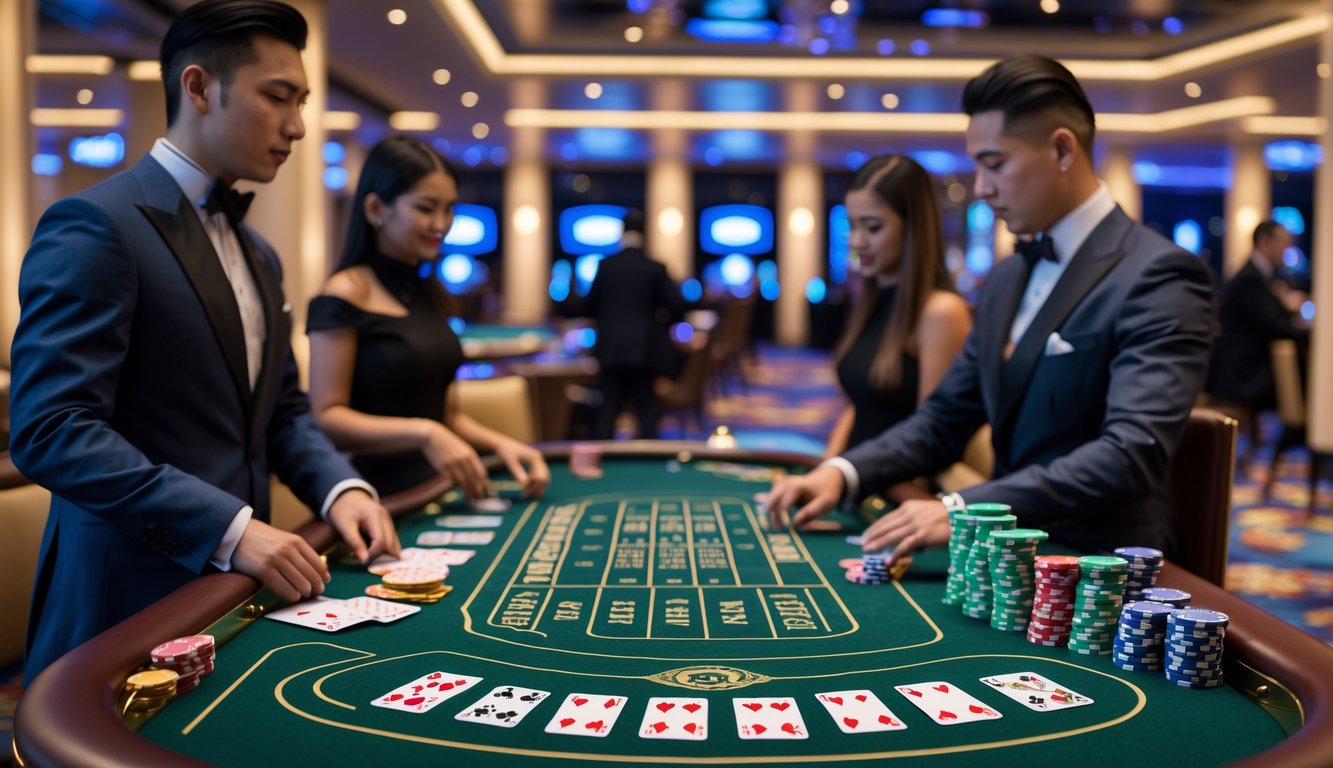 Meja permainan baccarat dengan kartu dan chip kasino di dalam kasino modern dengan pemain dan dealer.