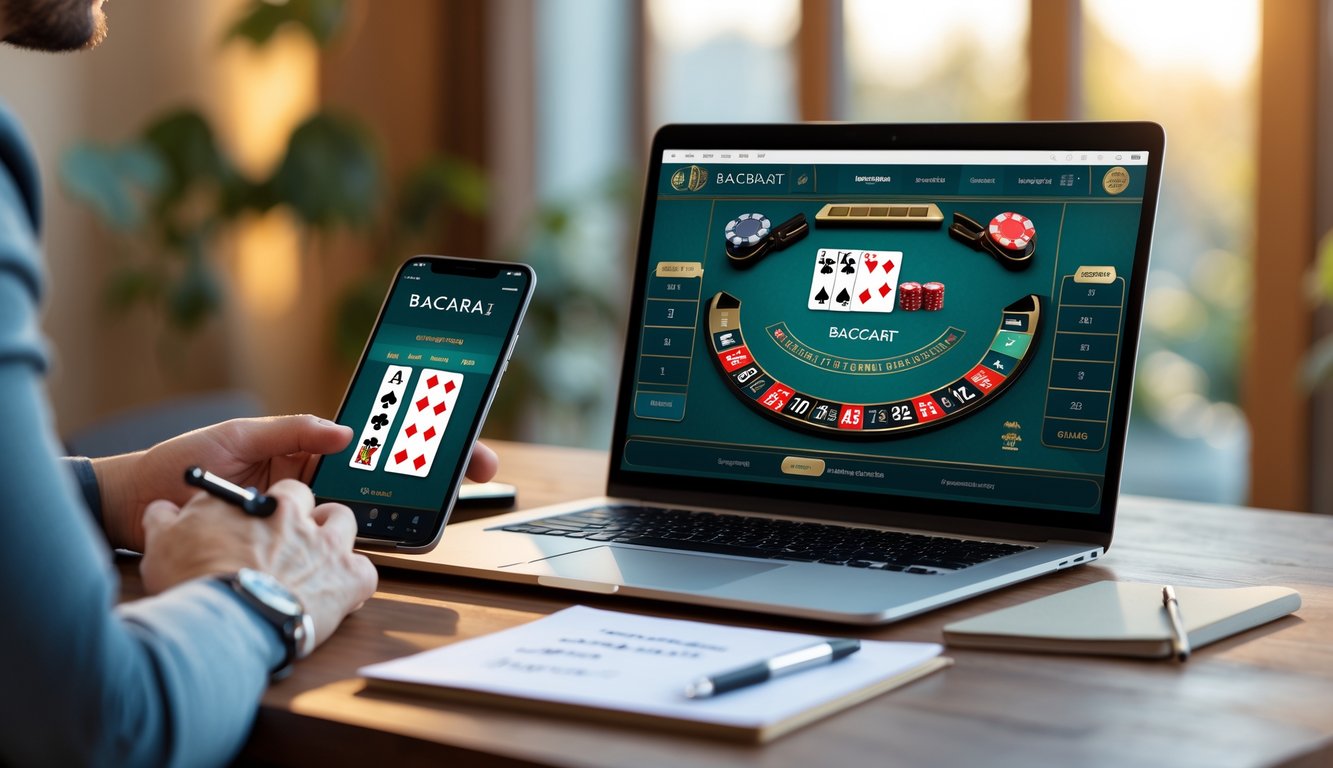 Seorang pemula sedang belajar bermain baccarat online dengan laptop, ponsel, dan catatan di meja kerja yang rapi.