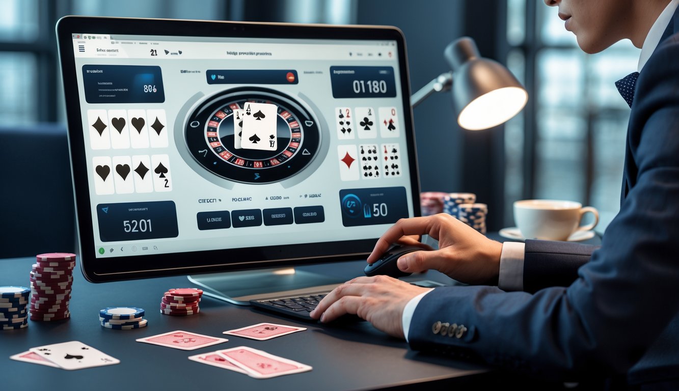 Seorang pria atau wanita fokus bermain baccarat online di depan komputer dengan kartu dan chip di meja.