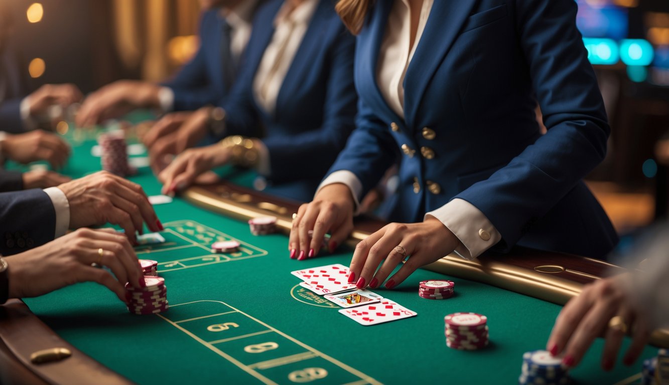 Seorang dealer wanita sedang membagikan kartu di meja baccarat dengan pemain yang memasang taruhan dalam suasana permainan yang menegangkan.