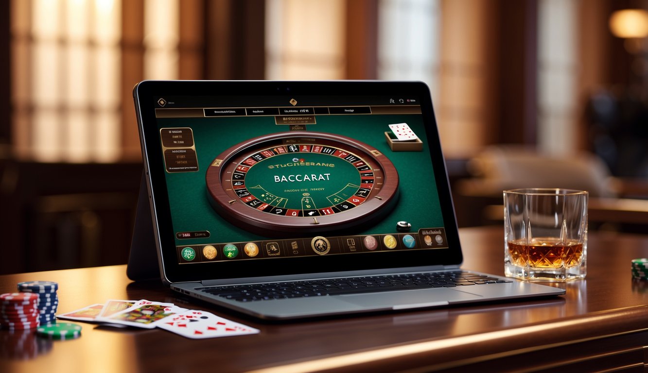Meja kasino dengan laptop yang menampilkan permainan baccarat online dan beberapa chip poker serta kartu di sekitarnya.
