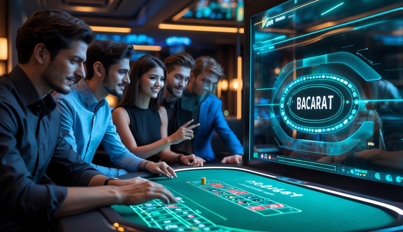 Sekelompok orang muda sedang bermain baccarat online menggunakan layar sentuh besar di ruangan modern dengan pencahayaan biru dan hijau.