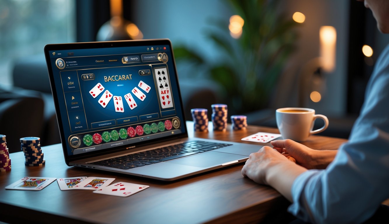 Sebuah meja dengan komputer menampilkan permainan baccarat online, dikelilingi chip poker, kartu remi, dan secangkir kopi.