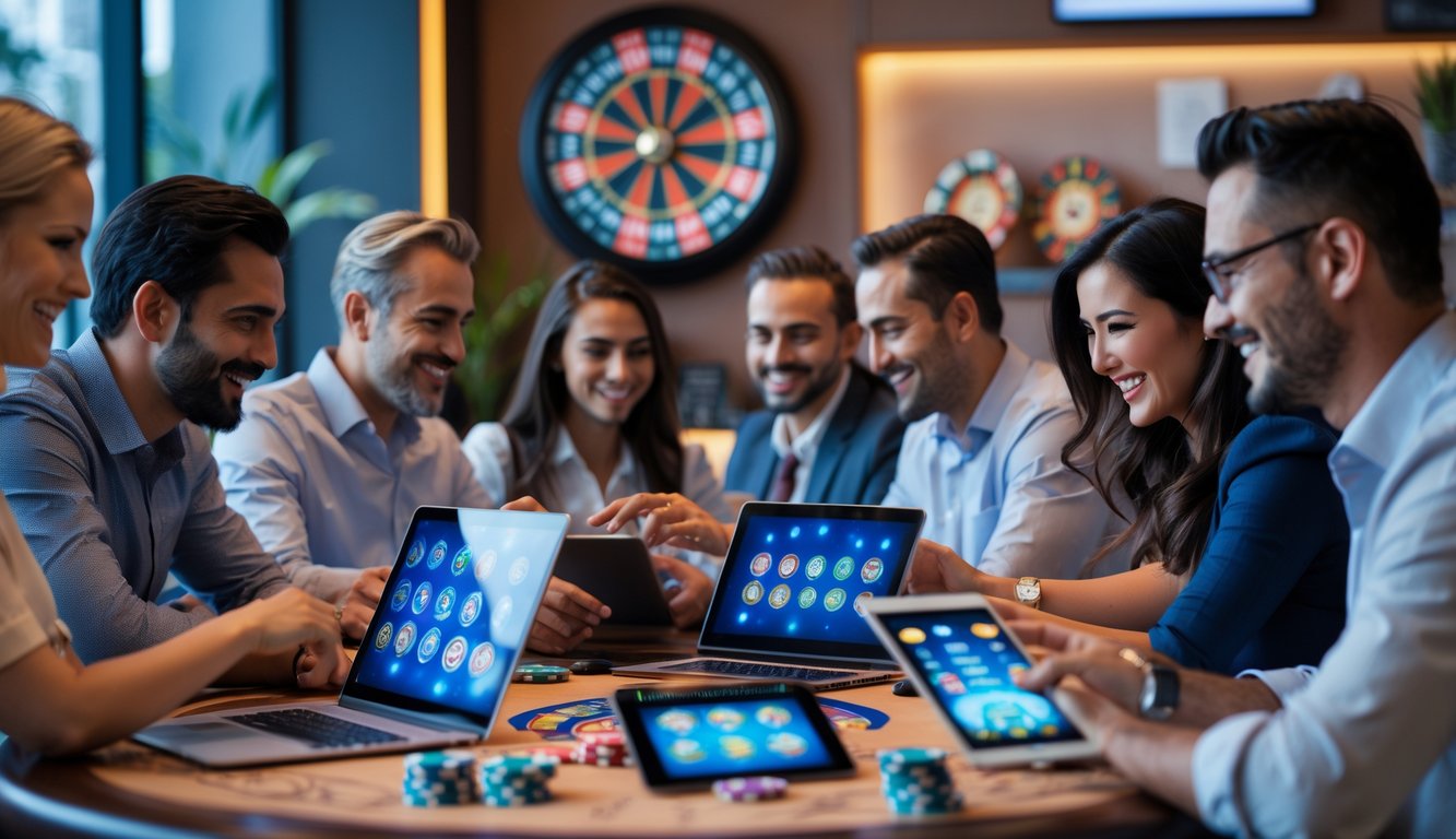 Beberapa orang dewasa sedang bermain berbagai permainan judi online menggunakan perangkat digital di sebuah ruangan modern dan nyaman.