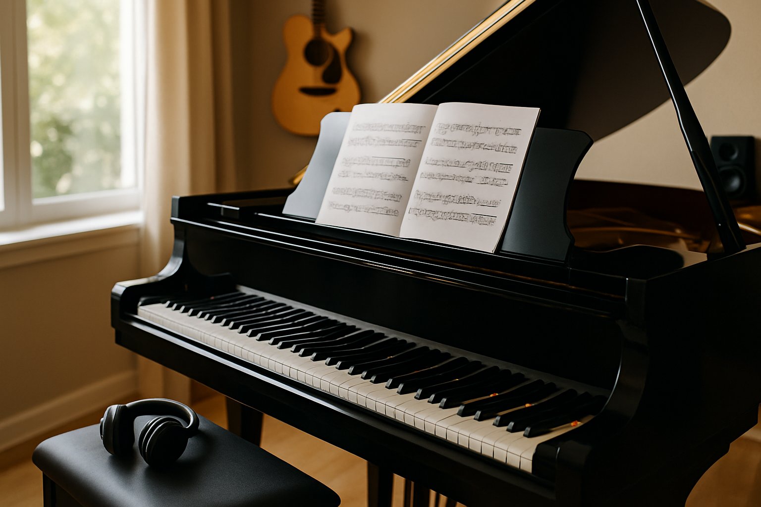 Een moderne vleugelpiano in een lichte muziekstudio met een koptelefoon op de bank en muziekinstrumenten op de achtergrond.