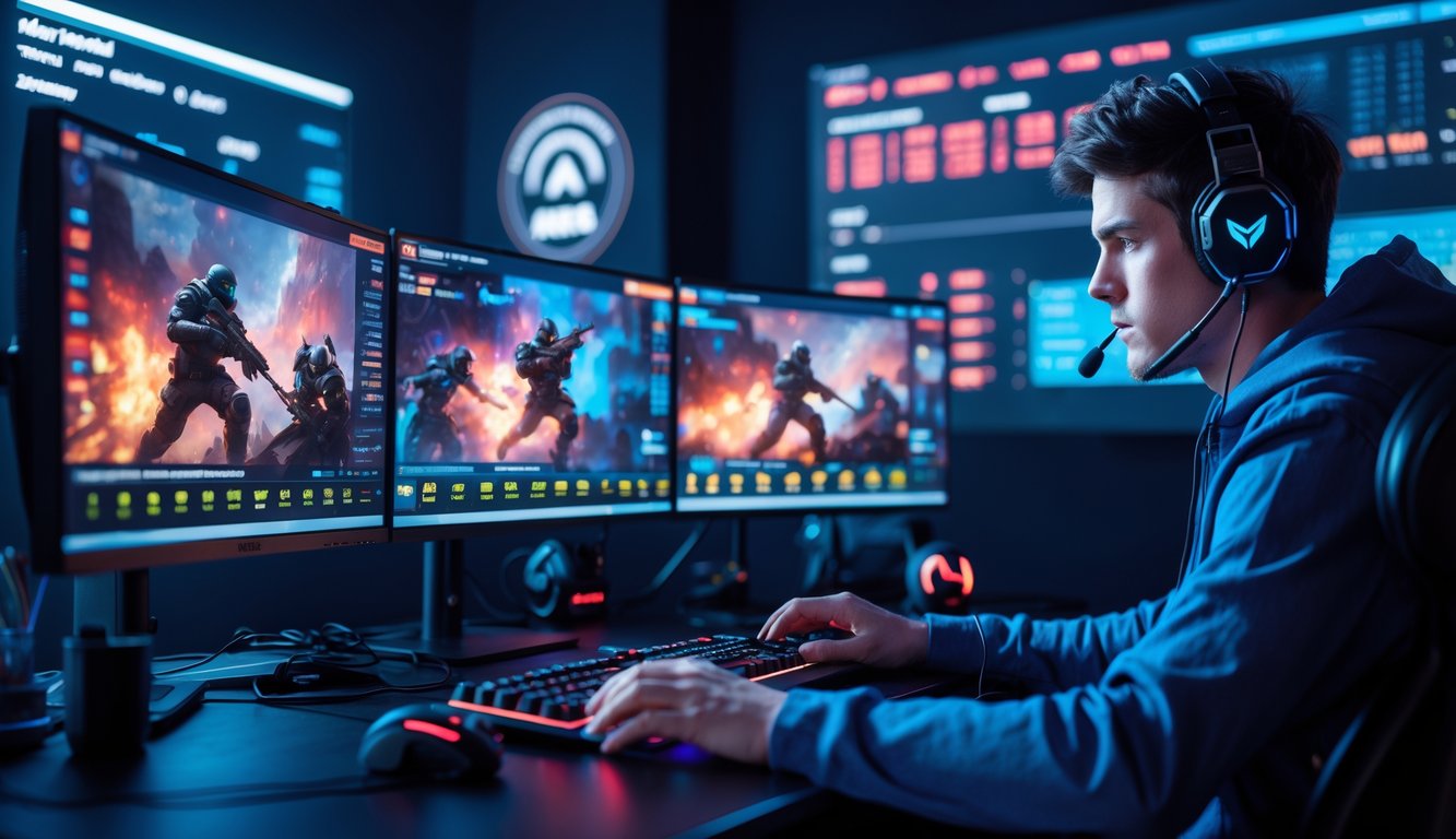 Seorang pemain e-sports muda sedang fokus di depan beberapa layar komputer dengan tampilan permainan dan data taruhan, di ruang dengan pencahayaan LED berwarna.