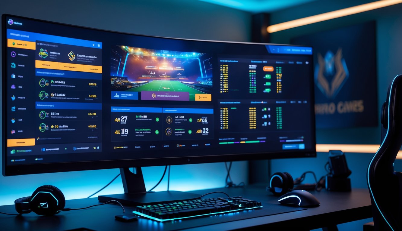 Sebuah ruang gaming modern dengan komputer yang menampilkan platform taruhan e-sports online dengan fitur live dan statistik permainan.