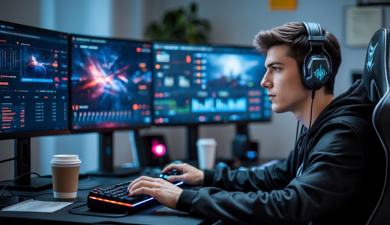 Seorang pria muda fokus bermain e-sports di depan komputer dengan beberapa monitor di ruangan modern.