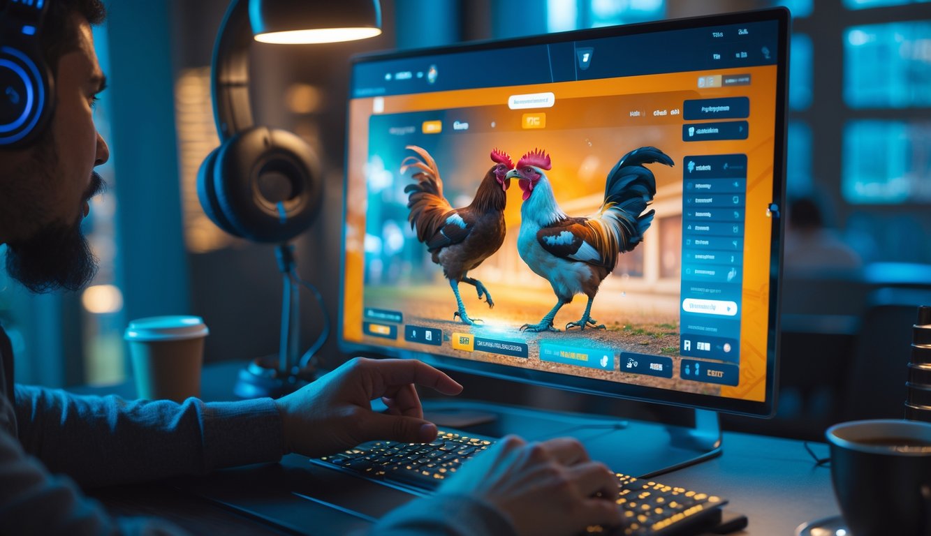 Seseorang menggunakan perangkat digital untuk menonton dan bertaruh pada pertandingan sabung ayam secara real-time di lingkungan rumah atau kantor.